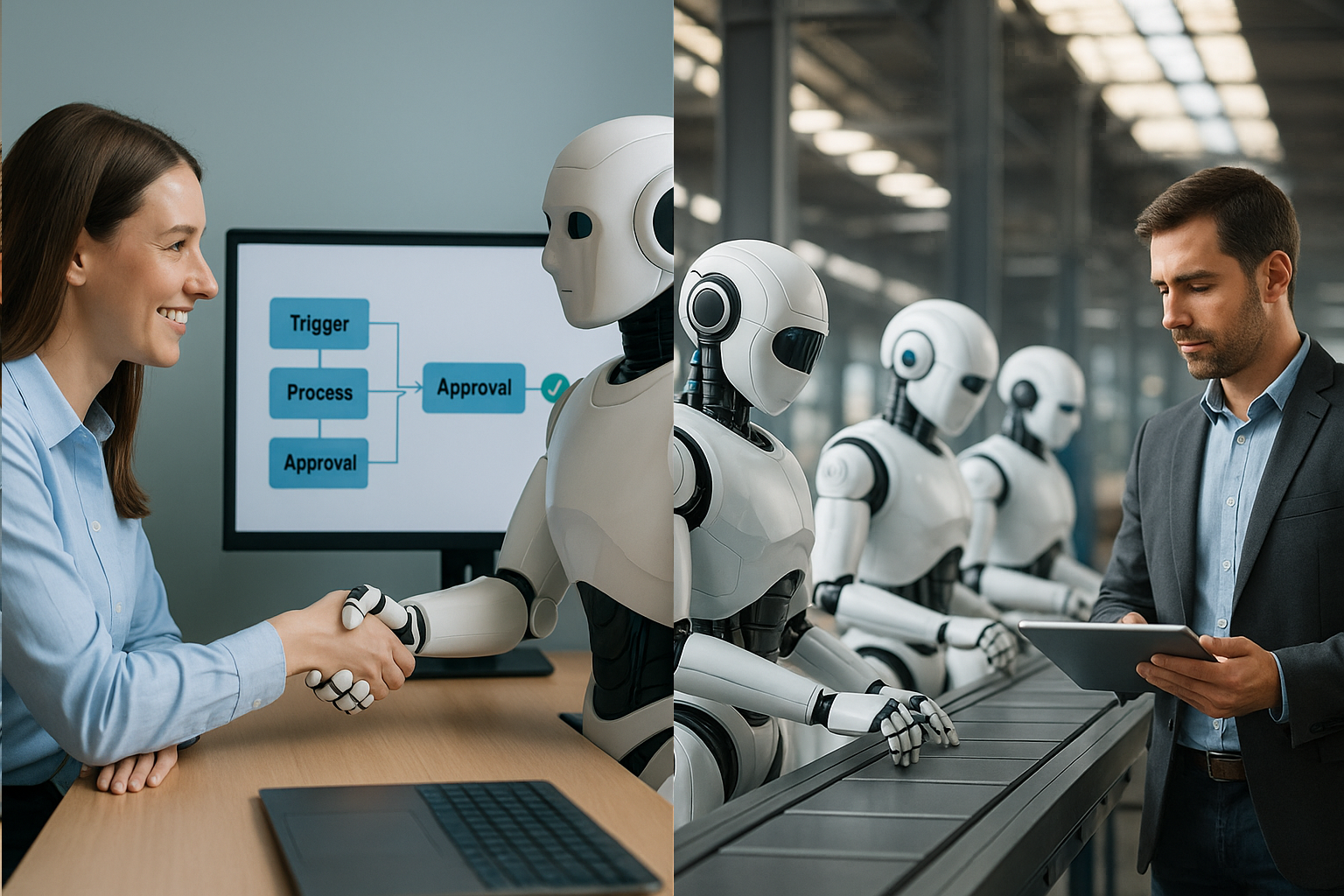 Split scene. Left half - a business operations lead collaborates with an AI assistant at a modern desk: screens show a visual workflow with triggers, approvals, and KPIs; natural skin tones and realistic lighting. Right half - a *digital assembly line* of software robots processes tasks with a human supervisor validating exceptions; realistic materials and depth of field.