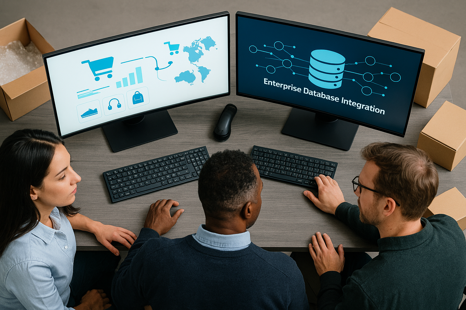 Diverse ecommerce team coordinating cross‑border B2C operations for USA and Canada with enterprise database integration.