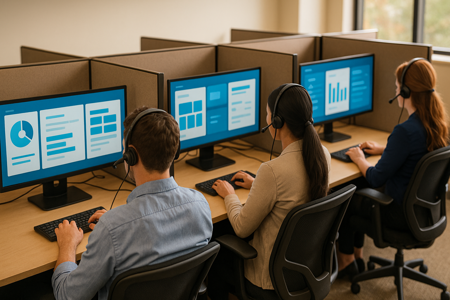 Back view of a call center with four cubicles each operator wearing a headset and working on a campaign; monitors show generic campaign interfaces with warm daylight ambiance.