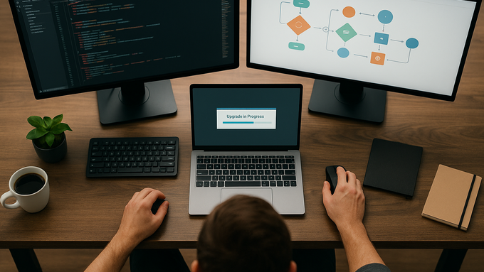 Overhead photorealistic scene of a developer at a desk with dual monitors and a laptop: code editor, upgrade progress, with props like keyboard, mouse, coffee mug and plant. Application Upgrades & Modernization