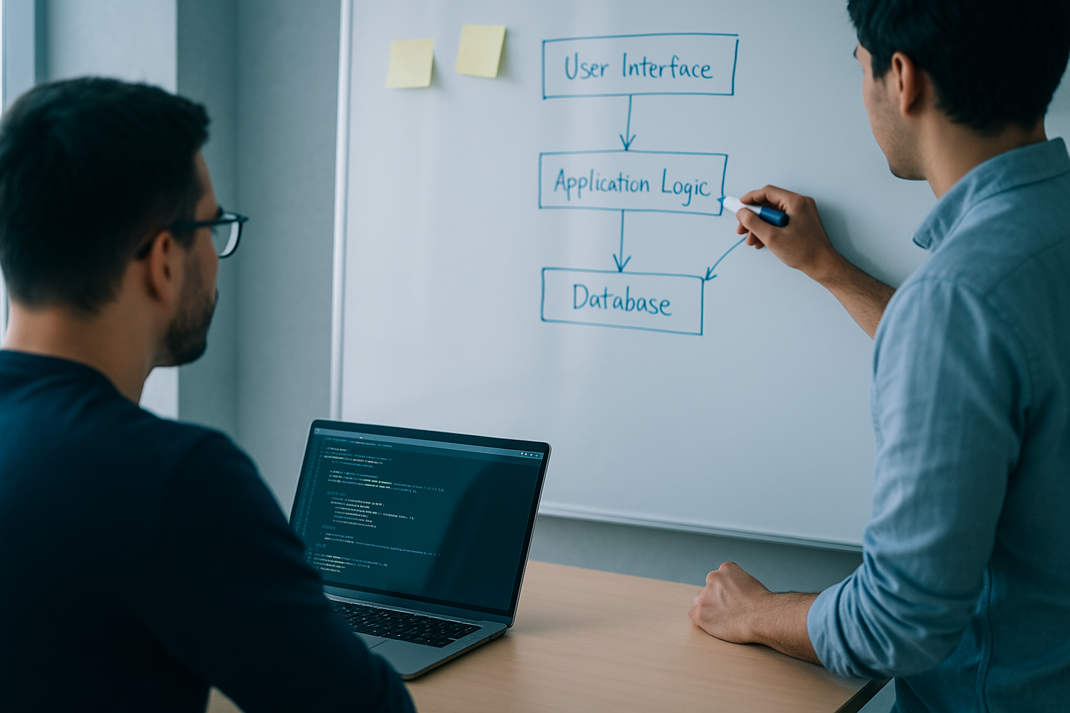 Developers planning custom software architecture with flowcharts on screen