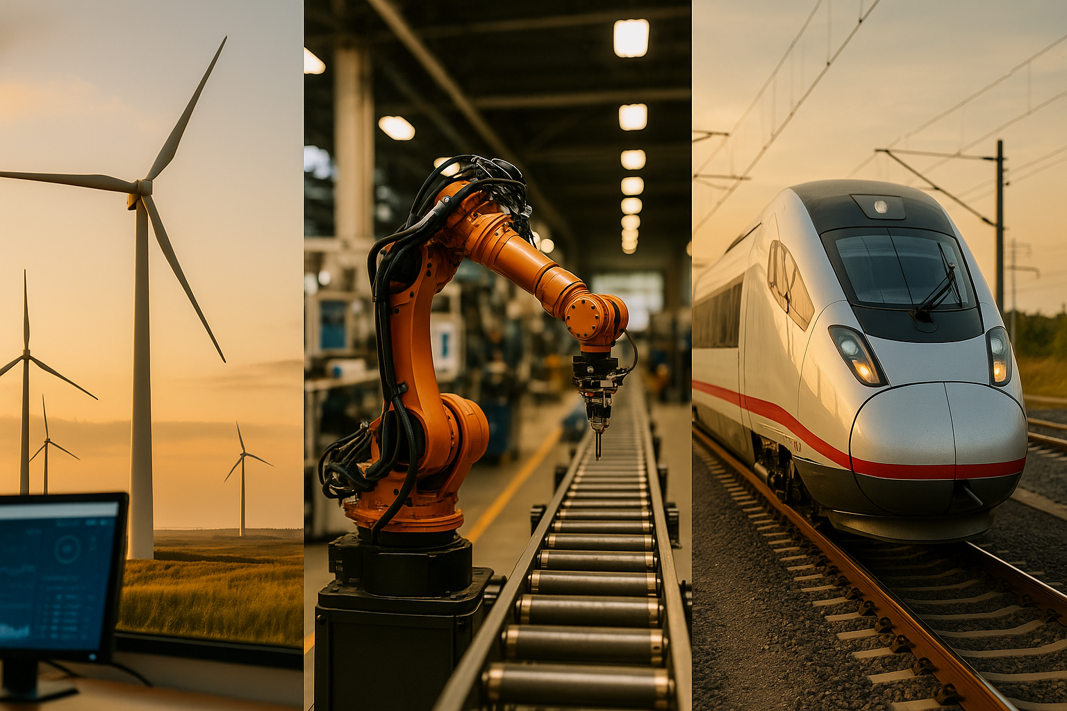 Three-panel hero: Energy, Industry 4.0, and Railway Systems depicted in ultra-realistic style with warm daylight.