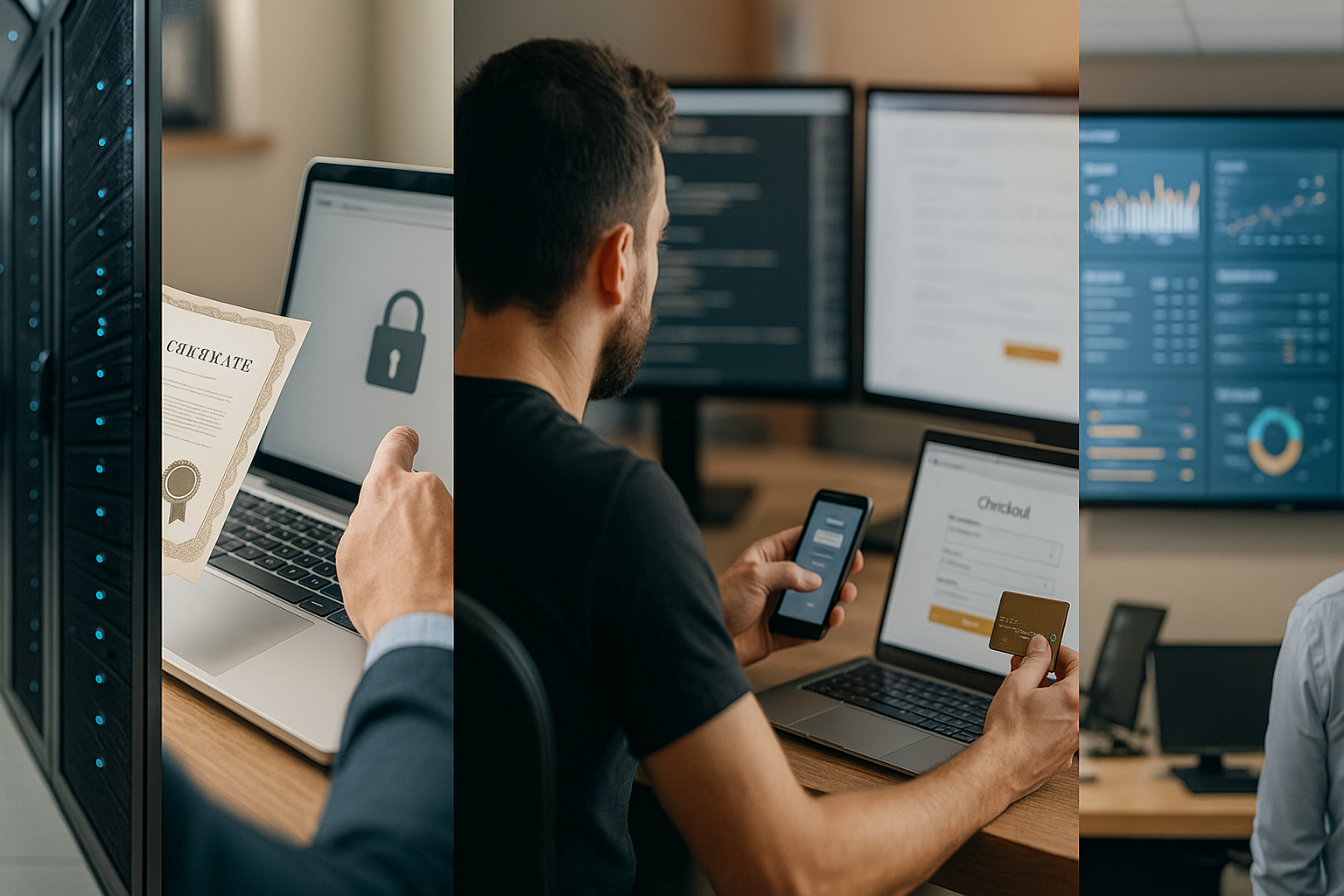 Five-panel hero showing: server operations, TLS certificate lifecycle, software development, payment gateway workflows, and web analytics dashboards - photorealistic composite.