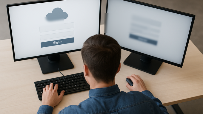 Professional signing into a Microsoft Office 365 login portal on dual monitors; a custom WordPress plugin routes the user to the correct internal portal via company APIs.